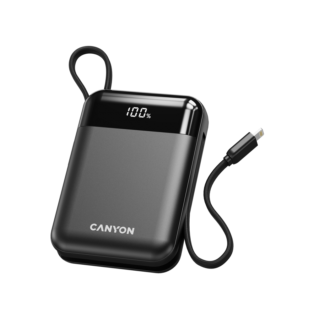 Czarny power bank Canyon z cyfrowym wyświetlaczem pokazującym 100% naładowania.