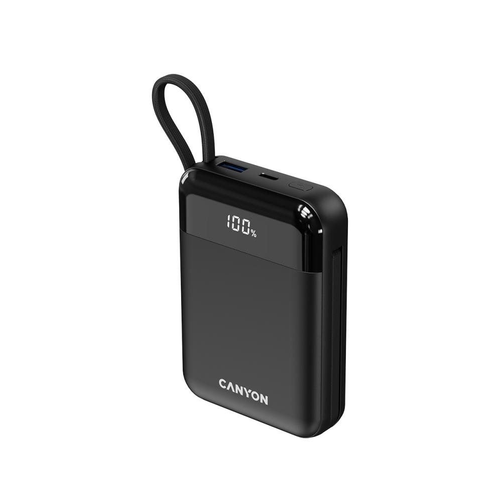 Czarny power bank Canyon pokazujący 100% naładowania z pętelką.