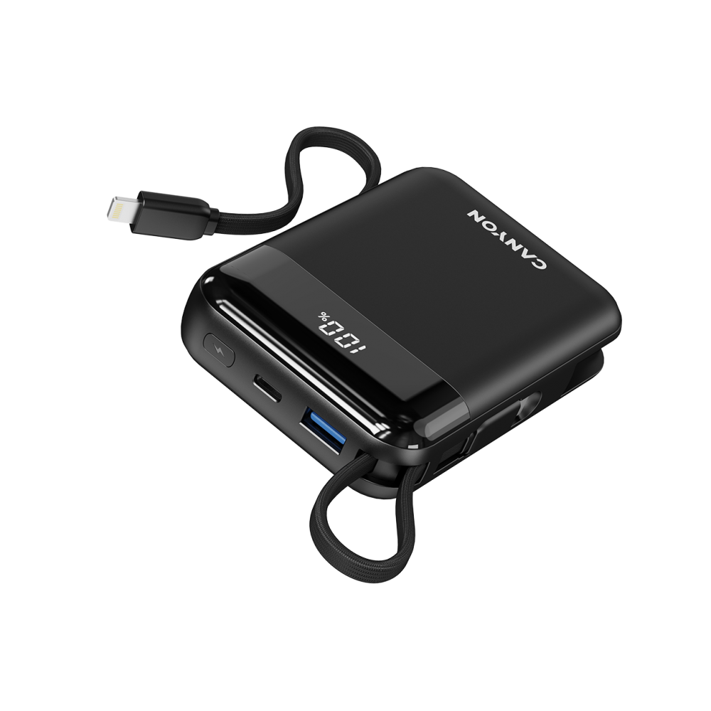 Czarny power bank Canyon z USB-A, USB-C i wskaźnikiem naładowania 100%.