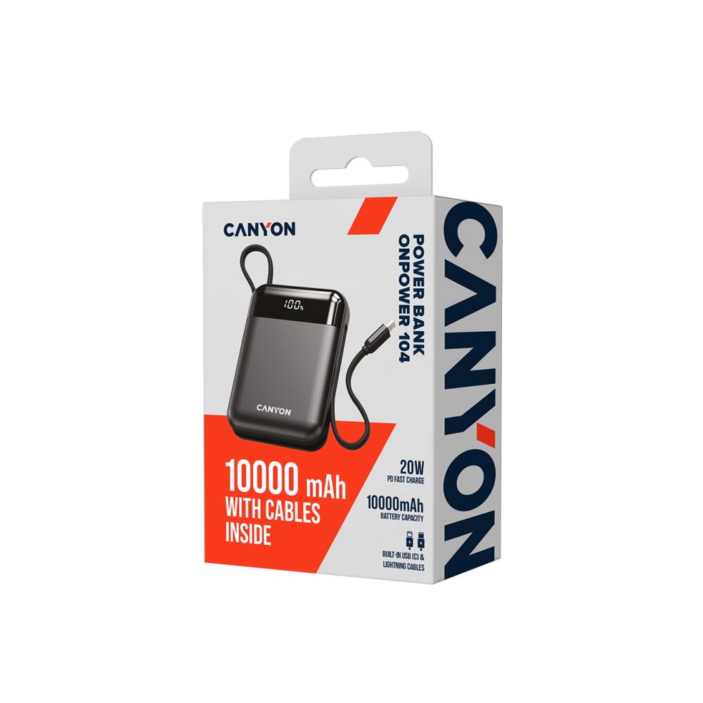 Szare pudełko powerbanku Canyon z powerbankiem, 10000 mAh, z kablami.
