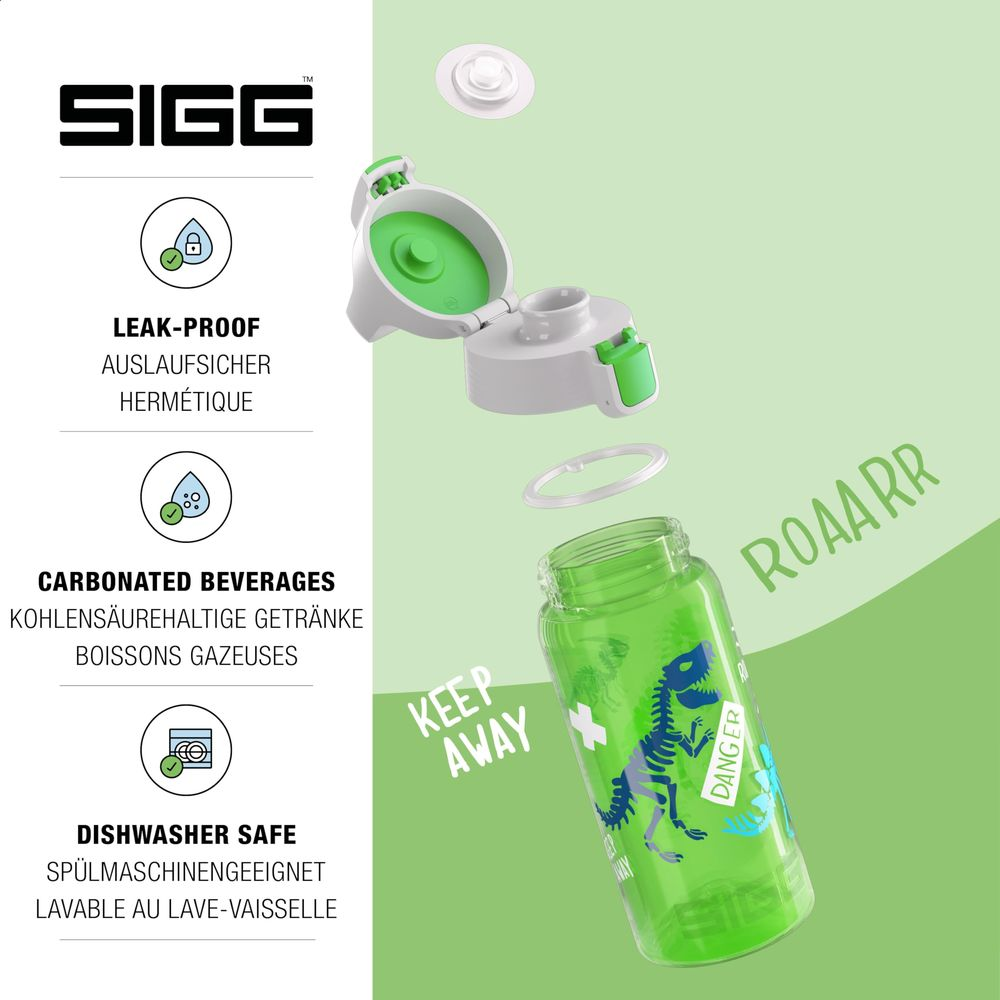 Grüne SIGG-Trinkflasche mit Dinosaurier-Motiv, Deckel und Siegel.