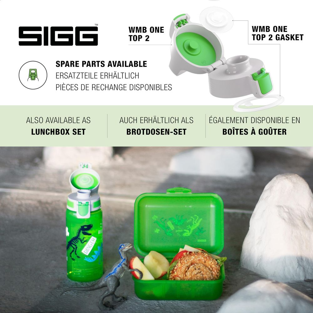 SIGG-Flasche und Brotdose mit Dinosaurier-Motiv, daneben ein Spielzeug-Dino.