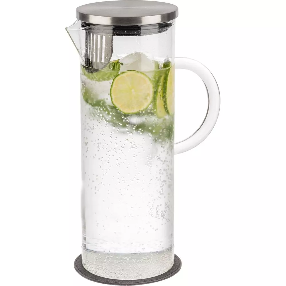 Ein langer Glasbehälter mit Edelstahl-Deckel, gefüllt mit sprudelndem Wasser, Limettenscheiben und Minze.