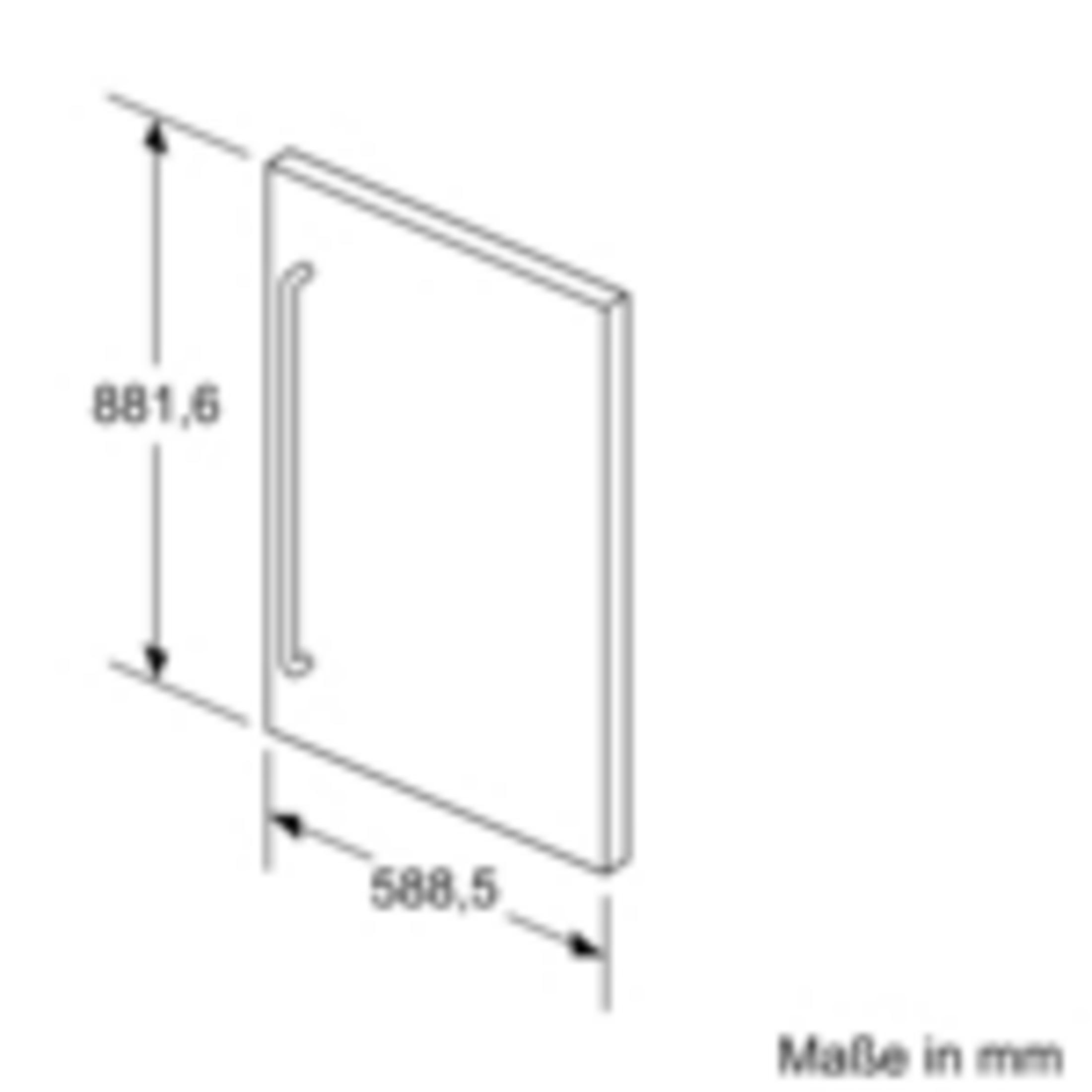 Technische Zeichnung einer Tür mit Griff. Maße 881,6 x 588,5 mm.