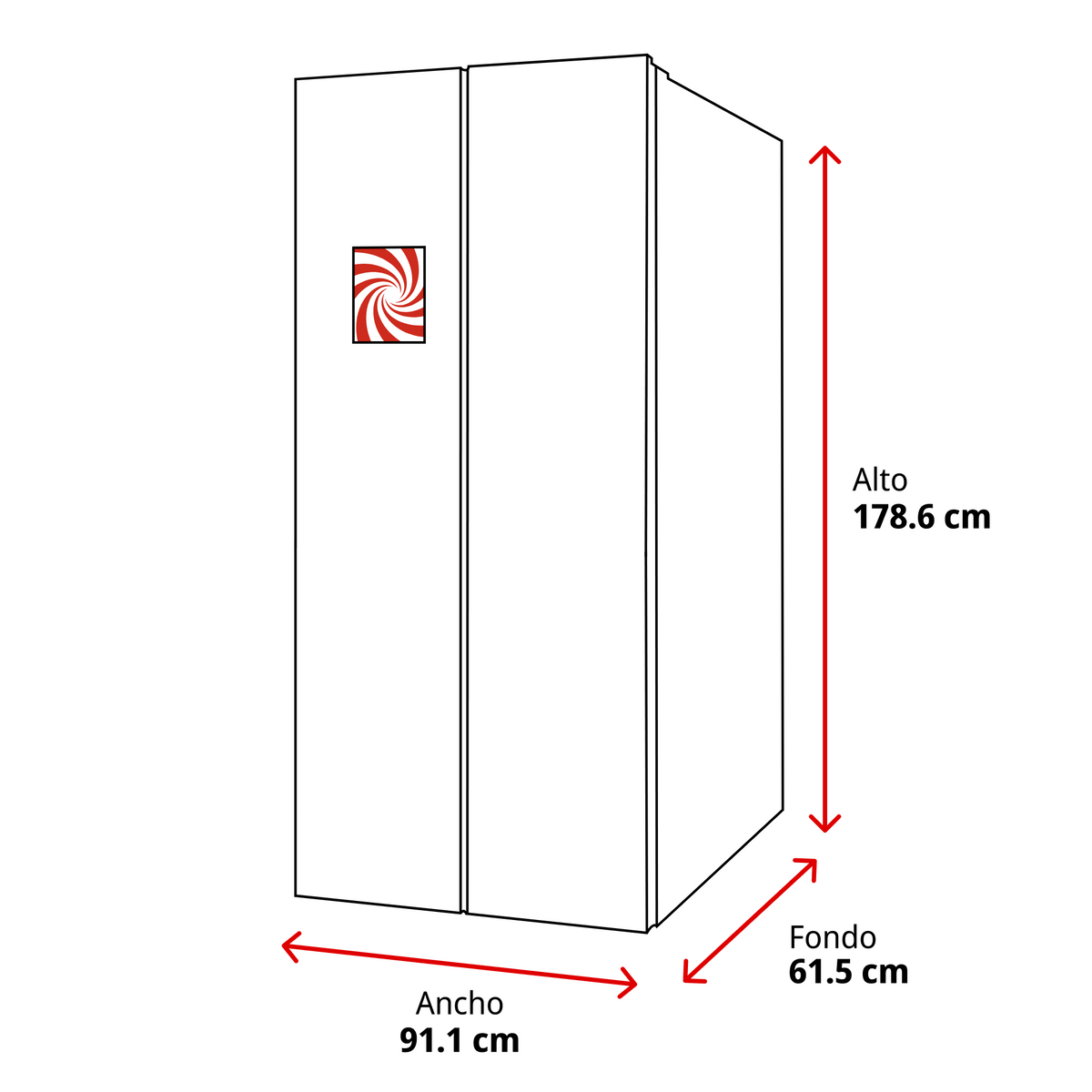Un refrigerador blanco con dimensiones: alto 178,6 cm, ancho 91,1 cm, fondo 61,5 cm.