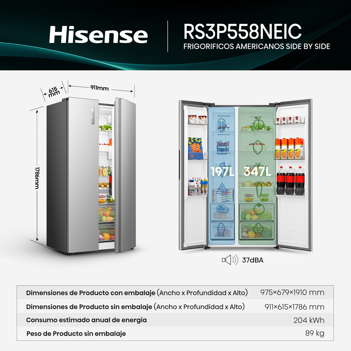 Frigorífico Hisense RS3P558NEIC side-by-side con puertas abiertas, medidas y capacidad.