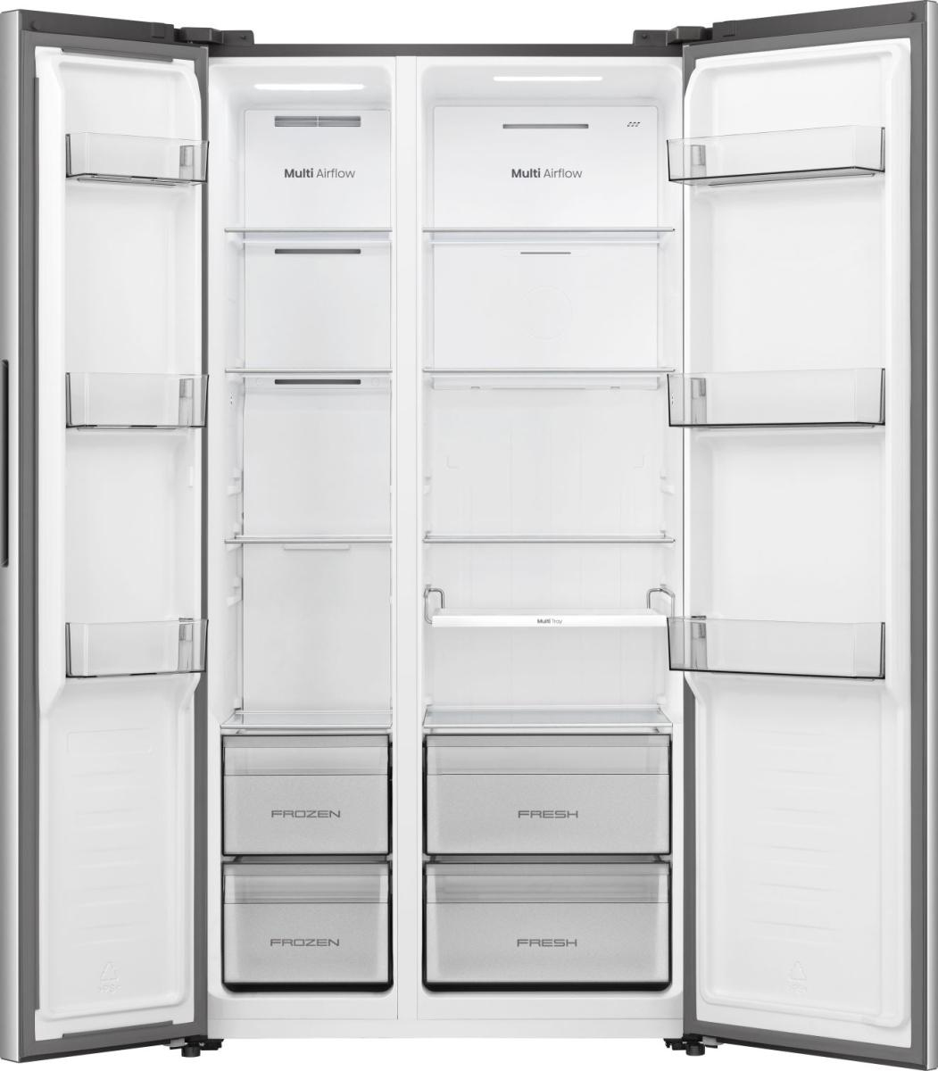 Un refrigerador abierto de dos puertas, con dos cajones congeladores y dos cajones frescos.