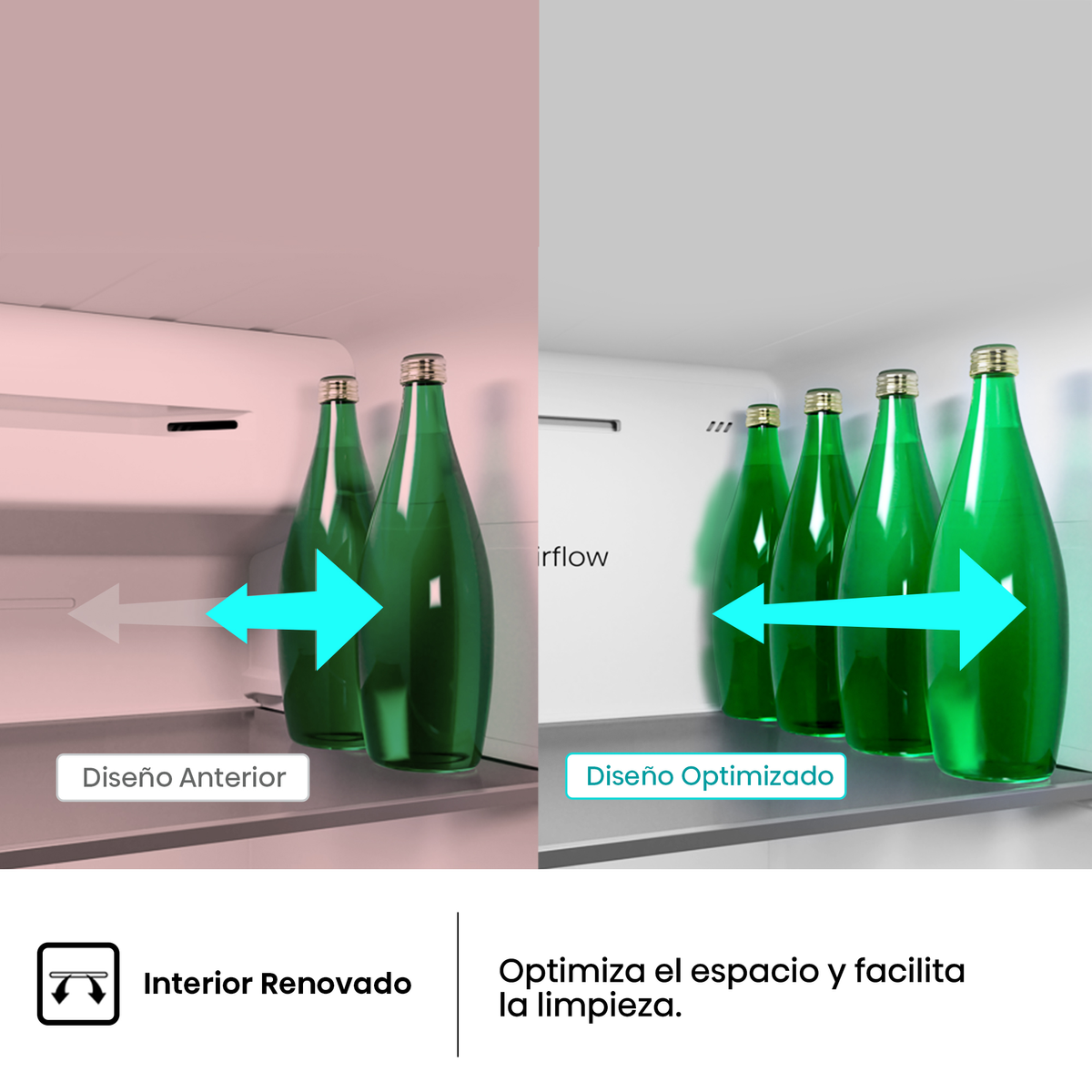 Comparación de dos compartimentos de frigorífico con botellas verdes y flechas.