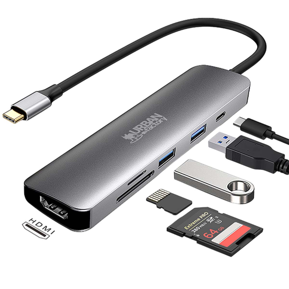 Hub USB-C grigio con HDMI, porte USB-A, lettori di schede SD e cavo da USB-A a USB-C.