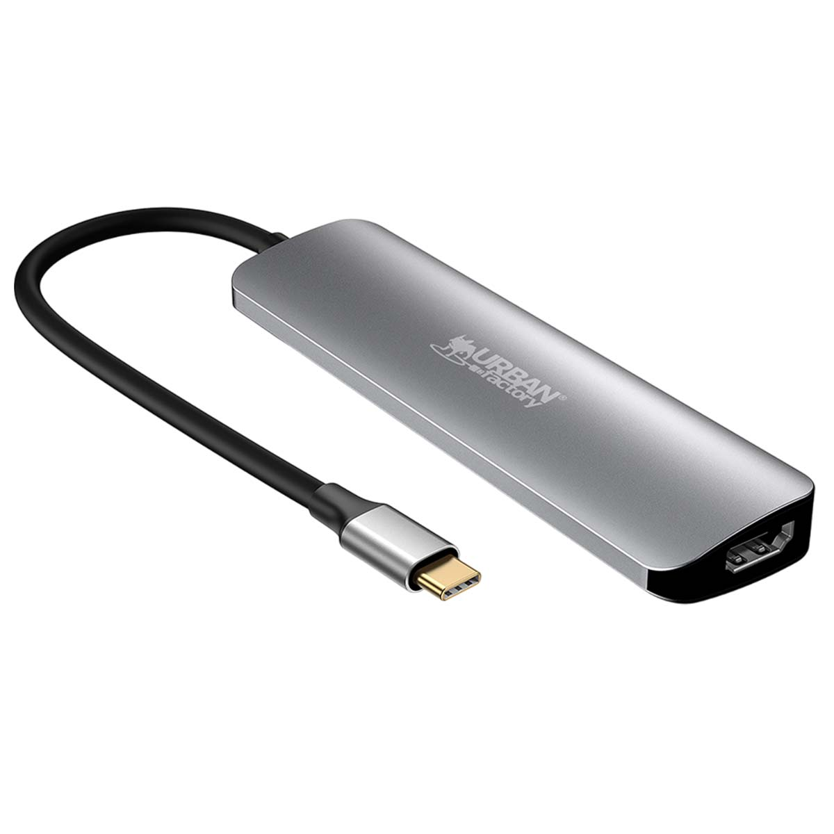 Adattatore USB-C grigio con porta HDMI e cavo nero.