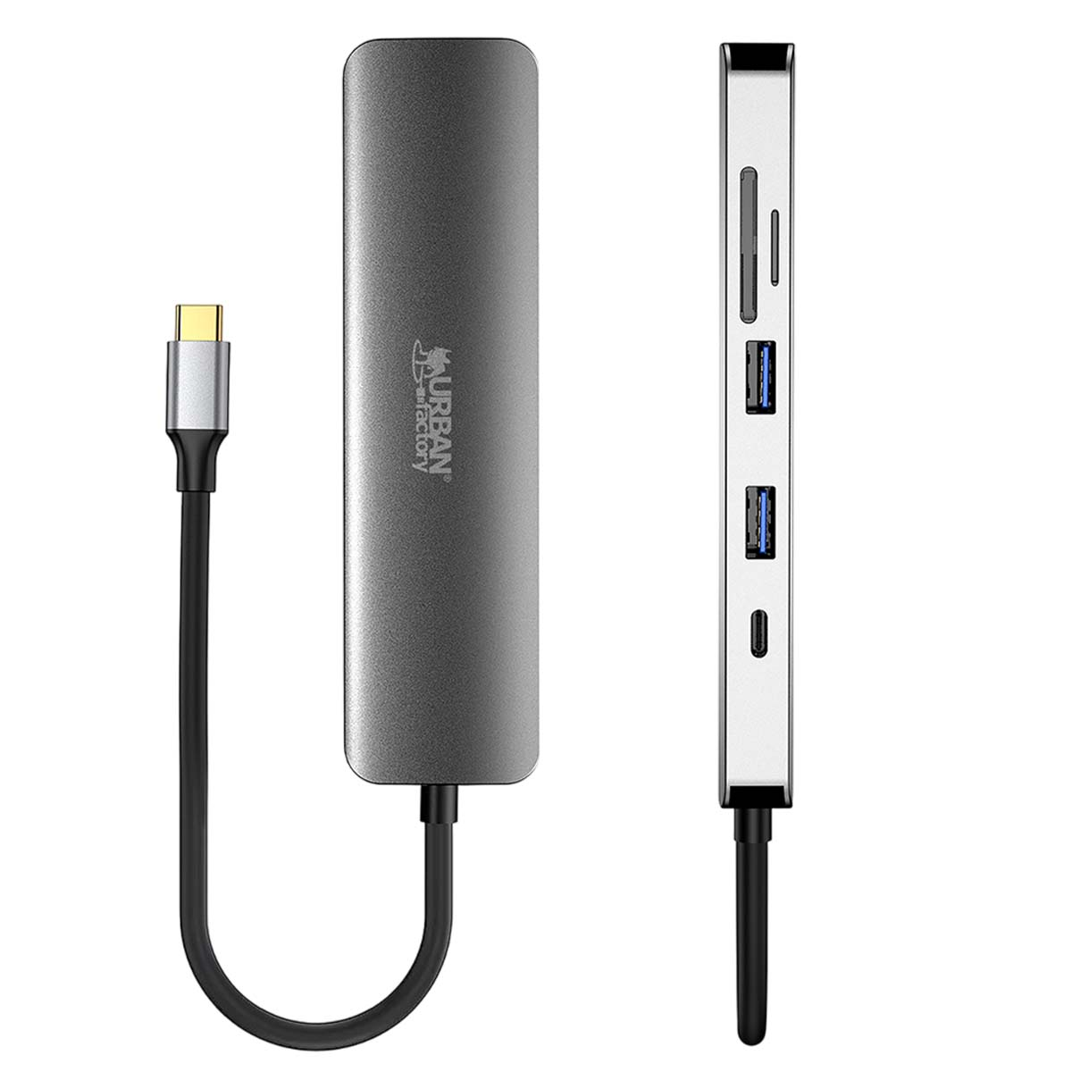 Hub USB-C argento con cavo nero e porte: SD, 2x USB, 1x USB-C, 1x HDMI.