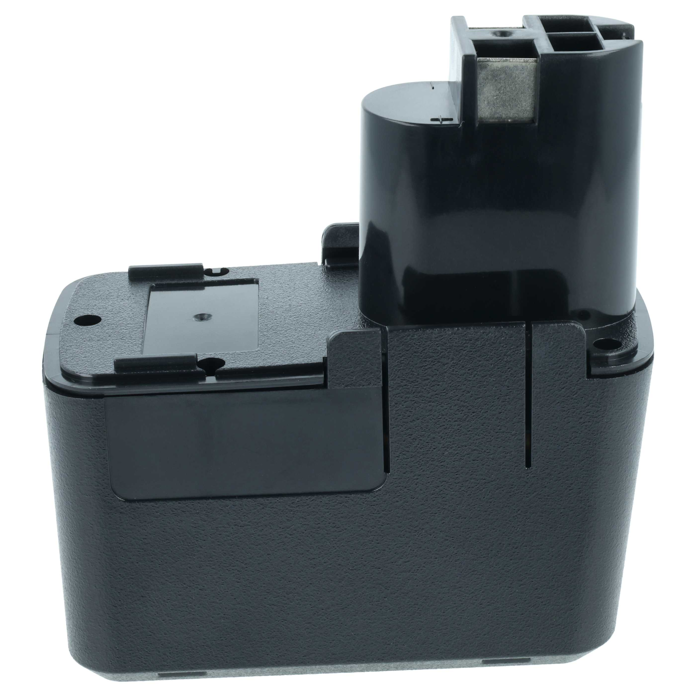 Schwarzer Lithium-Ionen-Akku mit silbernen Kontakten und Befestigungsclips.