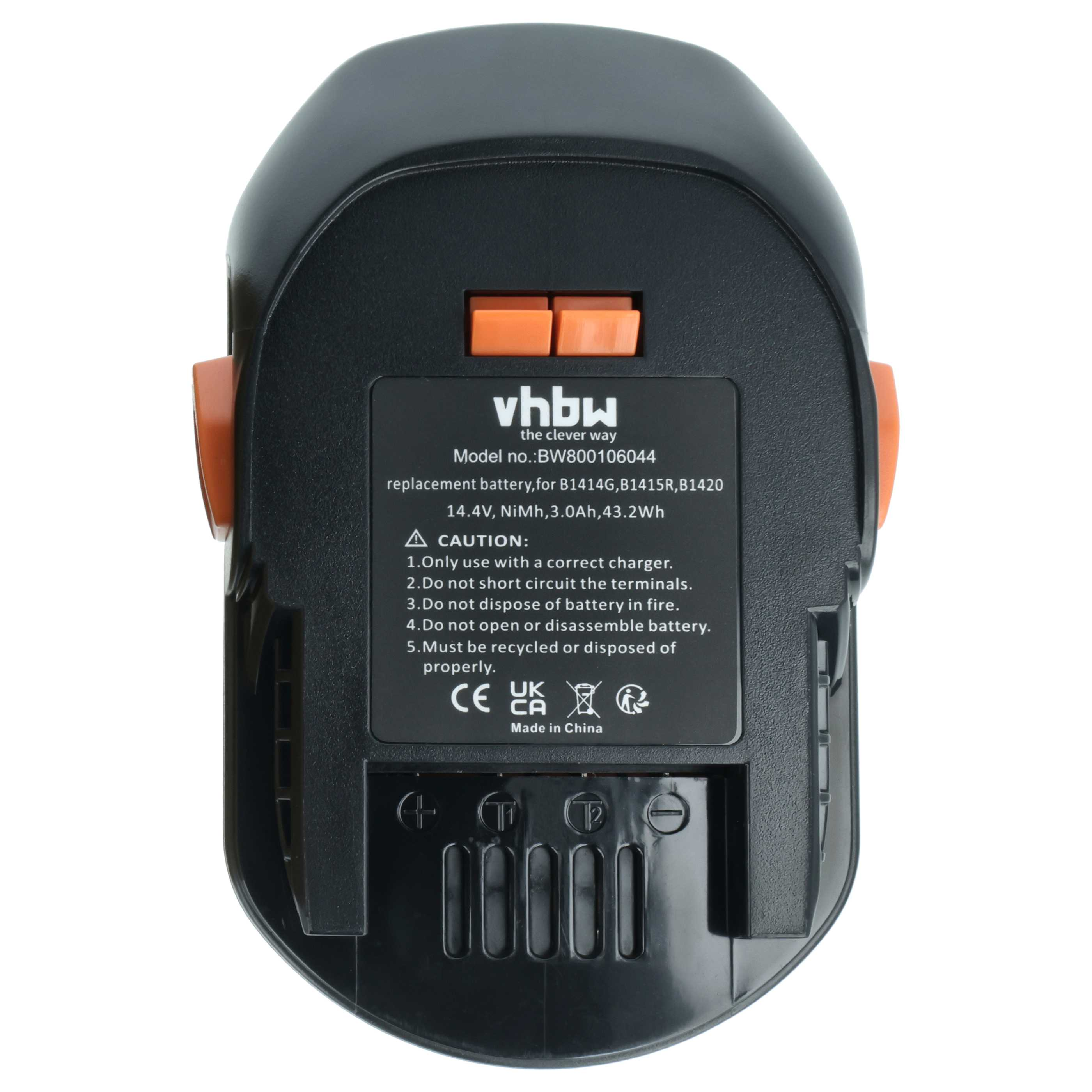 Schwarzer Akku mit orangen Knöpfen und Beschriftung von vhbw, Modell BW800106044.