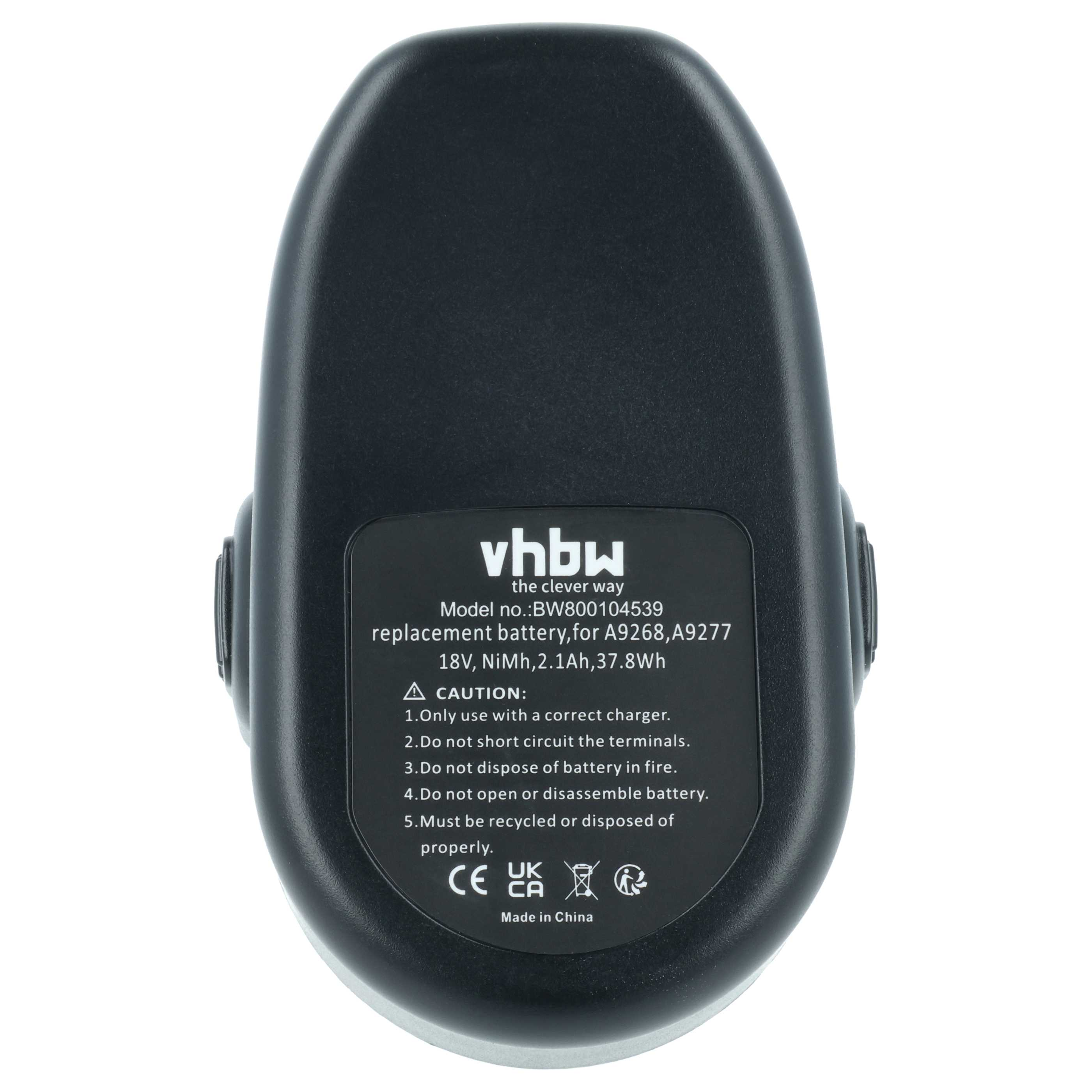 Schwarzer Akku mit Beschriftung: vhbw, Modell BW800104539, 18V, NiMh.