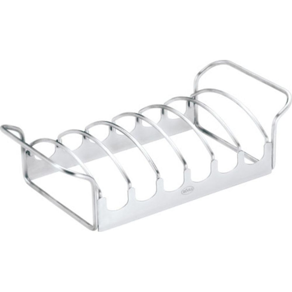 Ein glänzender metallischer Rippchenhalter mit fünf Bögen und Griffen.