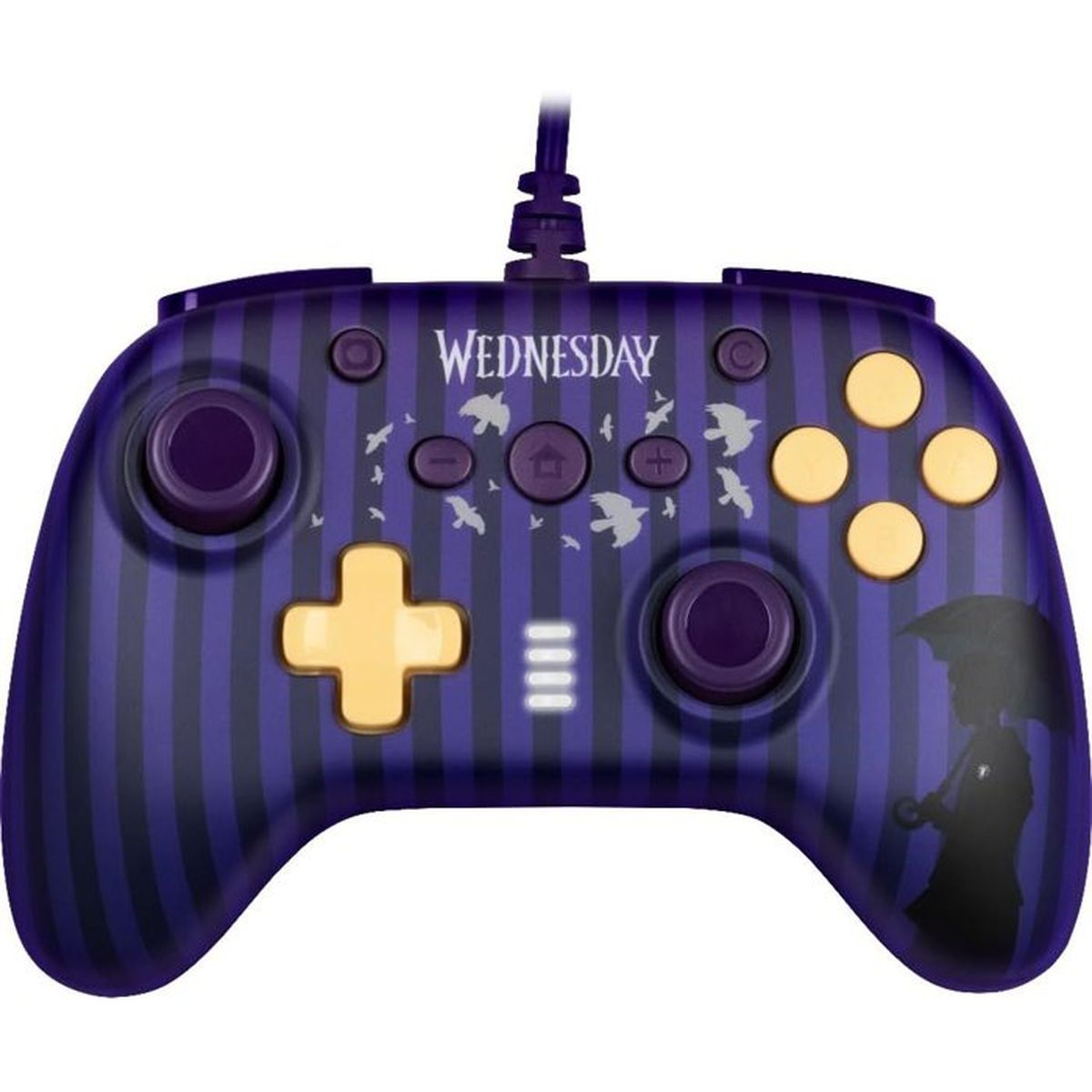 Controller viola con strisce verticali, uccelli, testo "Wednesday" e silhouette ombrello.