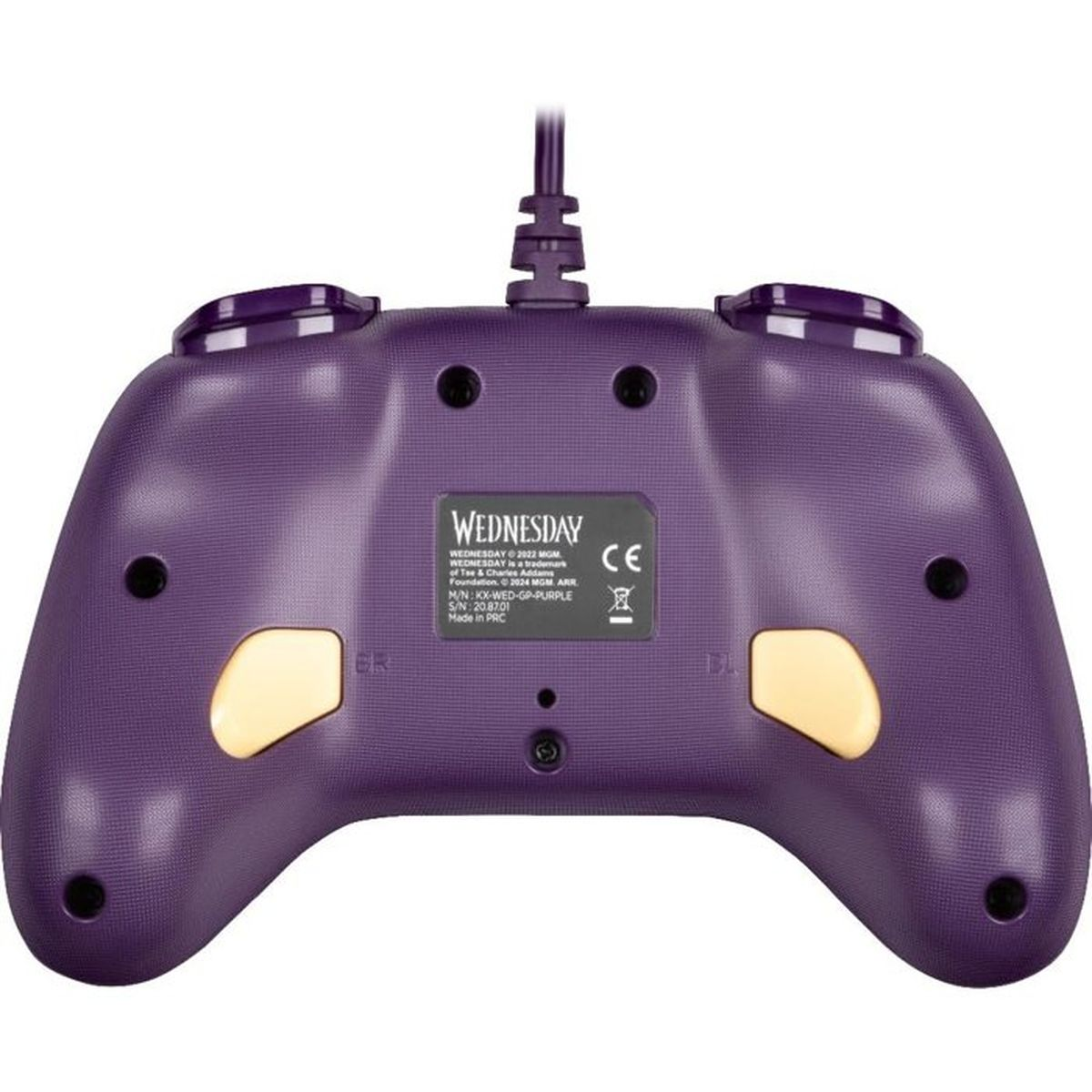 Retro del controller viola con etichetta e accenti gialli.