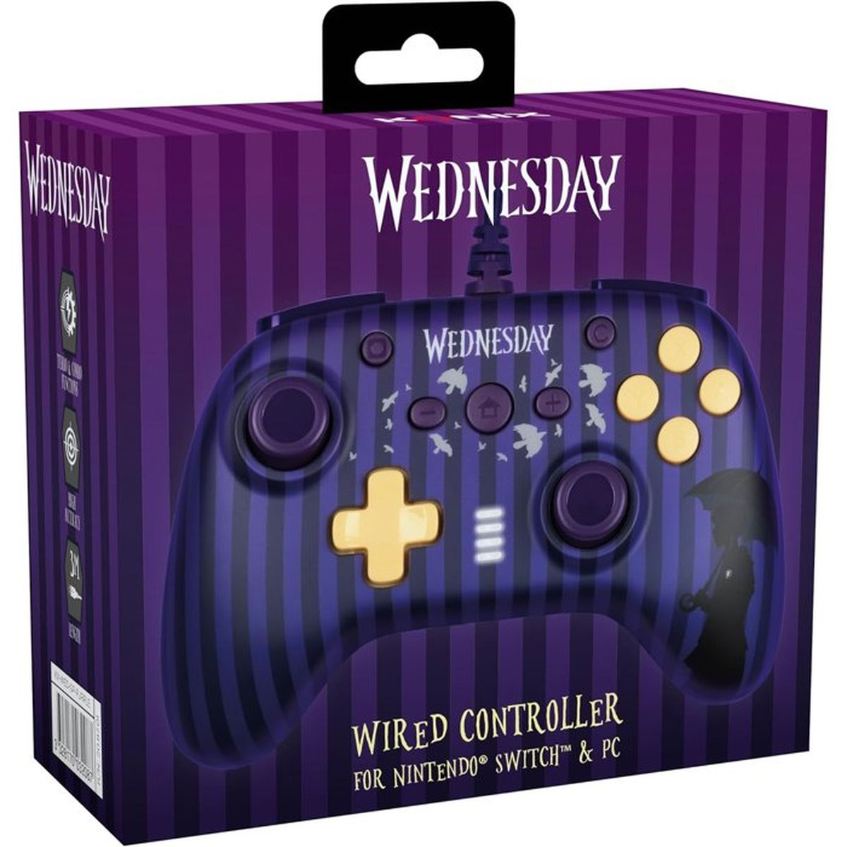 Scatola viola/blu per controller a tema Mercoledì con immagine del controller.