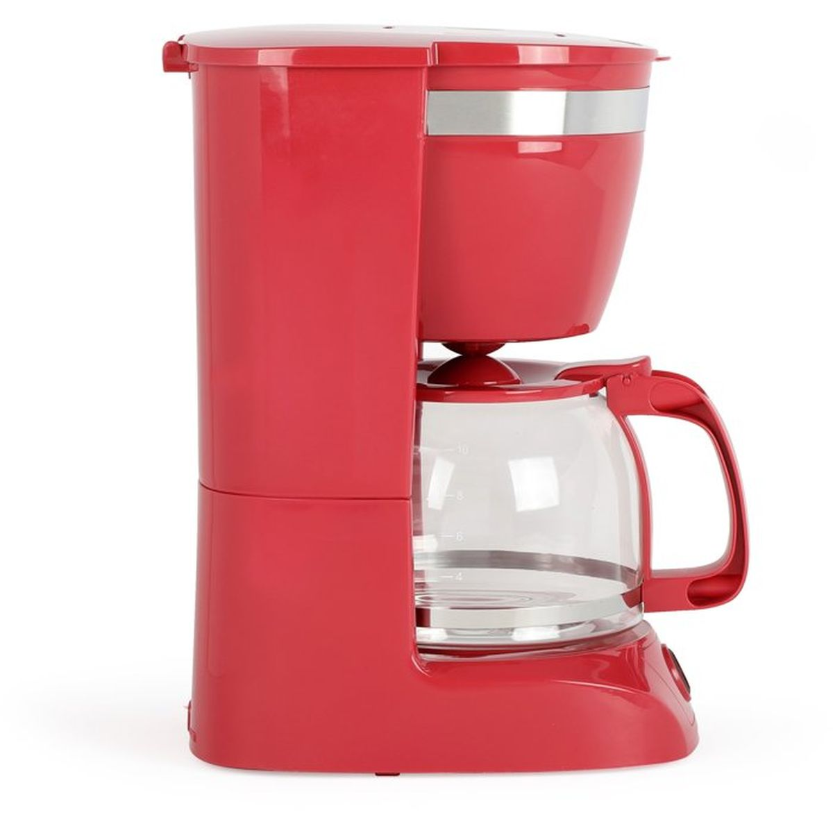 Una macchina da caffè rossa con caraffa in vetro e accenti argentati.