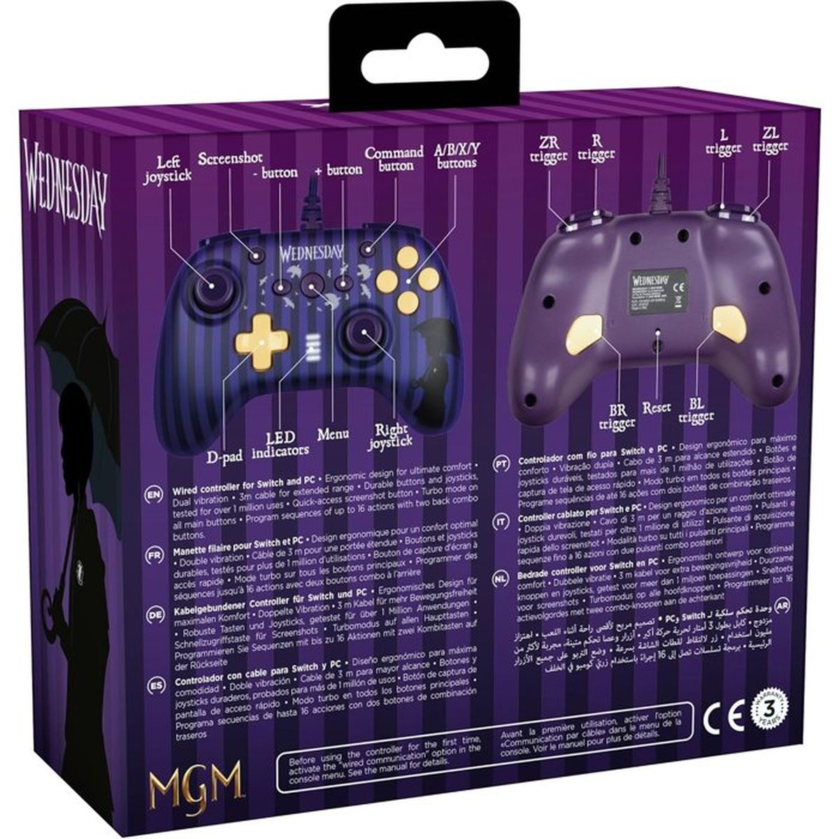 Controller viola con etichette pulsanti e joystick, informazioni prodotto.