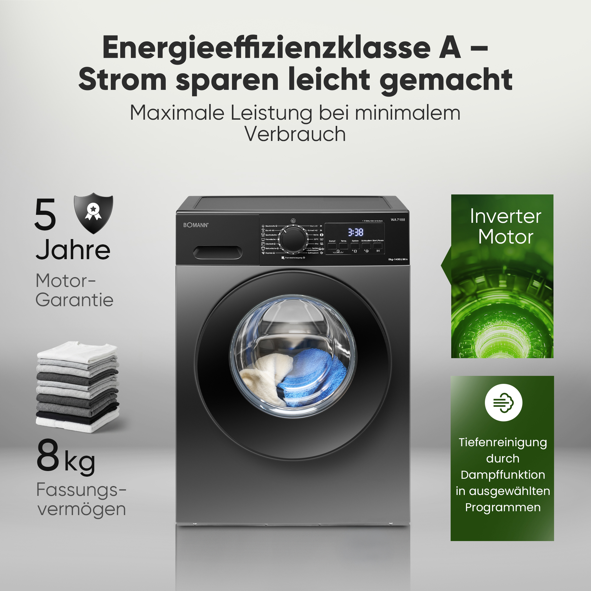 Graue Waschmaschine mit 5 Jahren Garantie, 8kg Fassungsvermögen, Inverter Motor.
