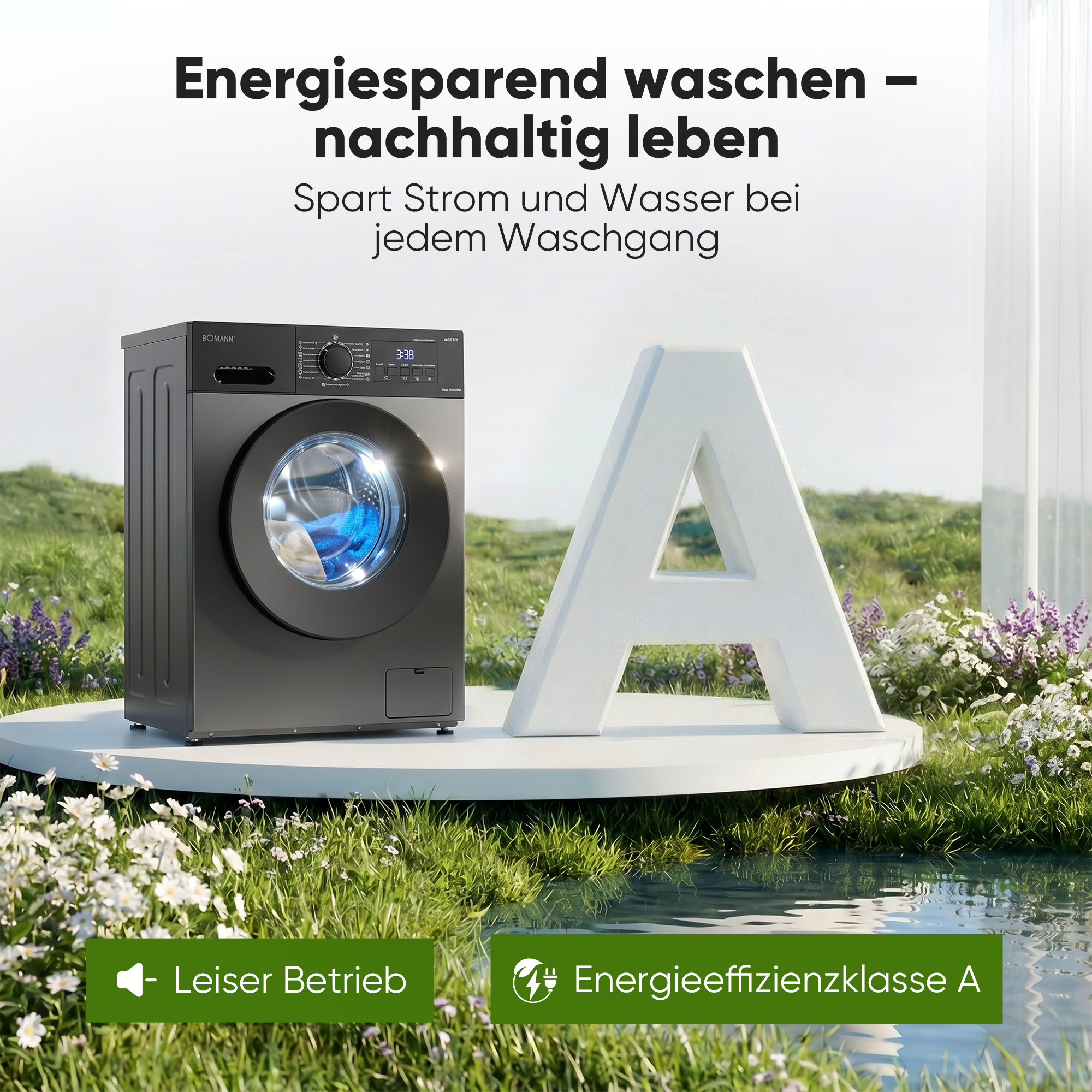 Schwarze Waschmaschine vor einer großen weißen A und einer grünen Wiese.