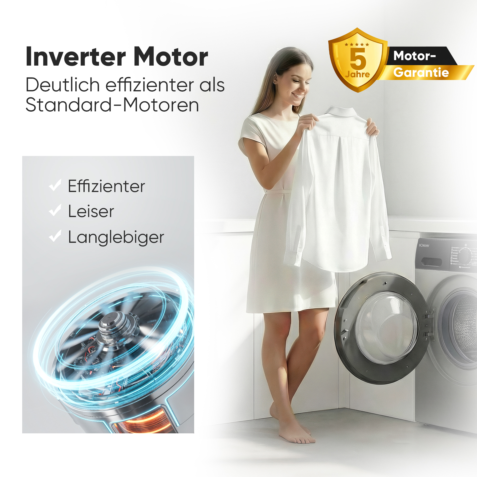 Frau mit Hemd neben Waschmaschine, Inverter Motor und Garantie-Siegel.