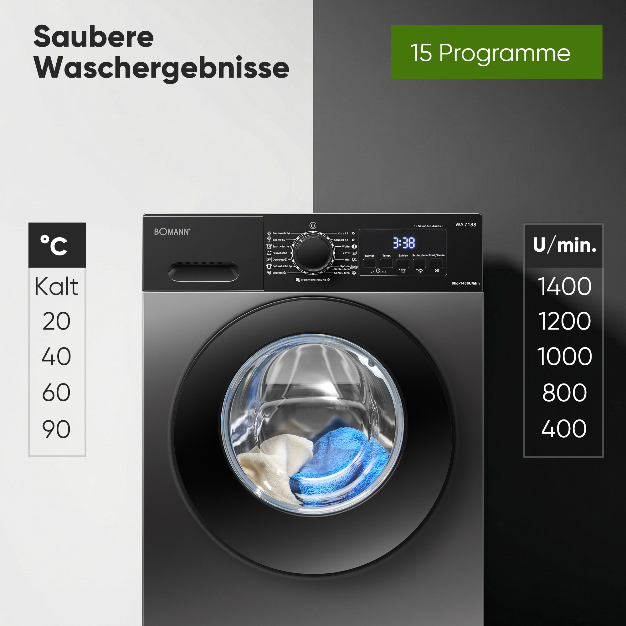 Moderne Waschmaschine mit Display, Programmwahl und Wäsche im Bullauge.