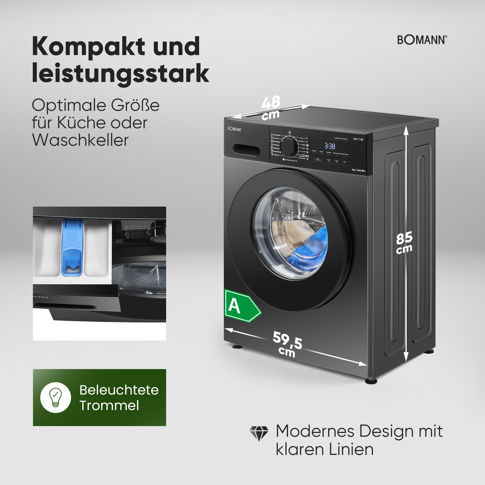 Kompakter schwarzer Bomann Waschtrockner mit Maßen 48x59,5x85 cm.