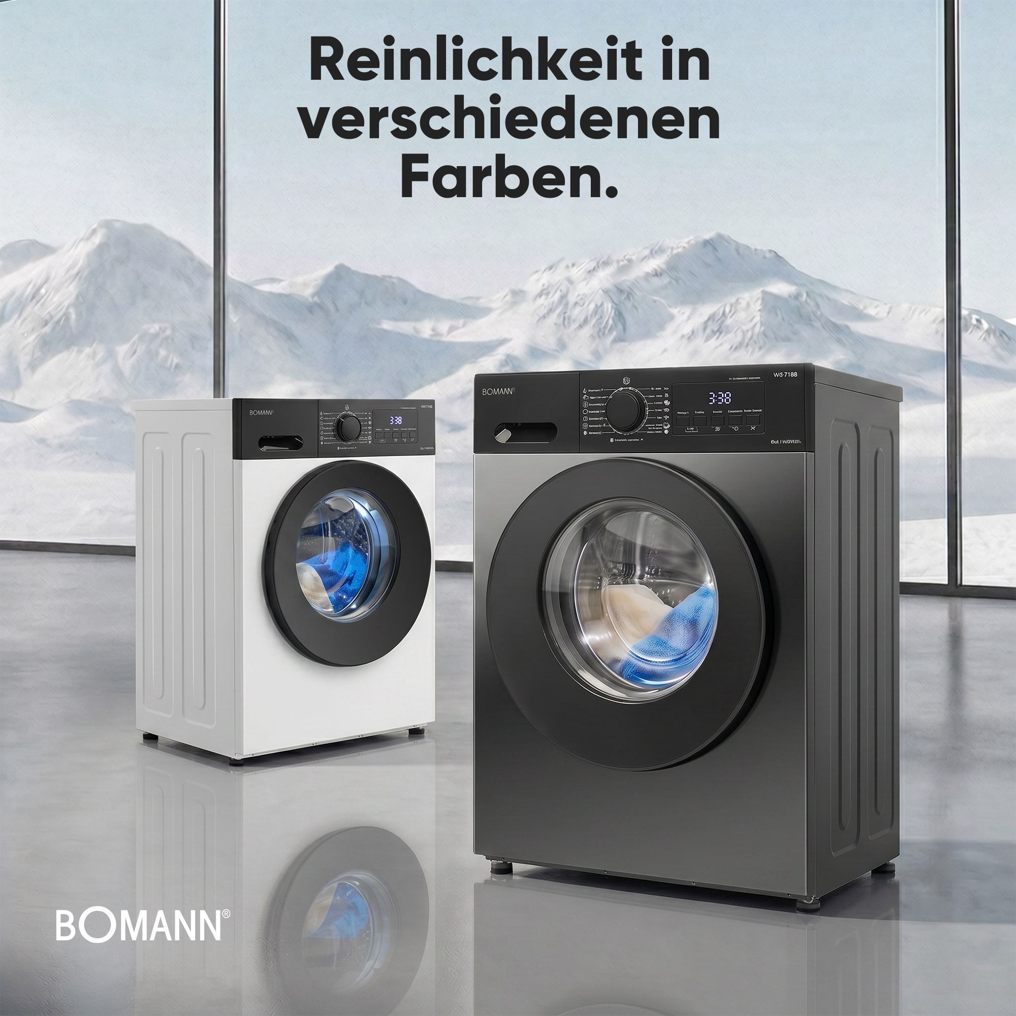 Zwei Bomann Waschmaschinen, eine weiße, eine schwarze, vor einem Fenster mit Berglandschaft.