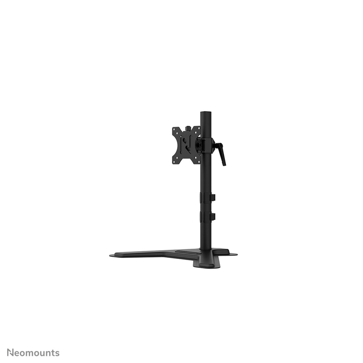 Supporto monitor nero con base piatta e braccio regolabile.