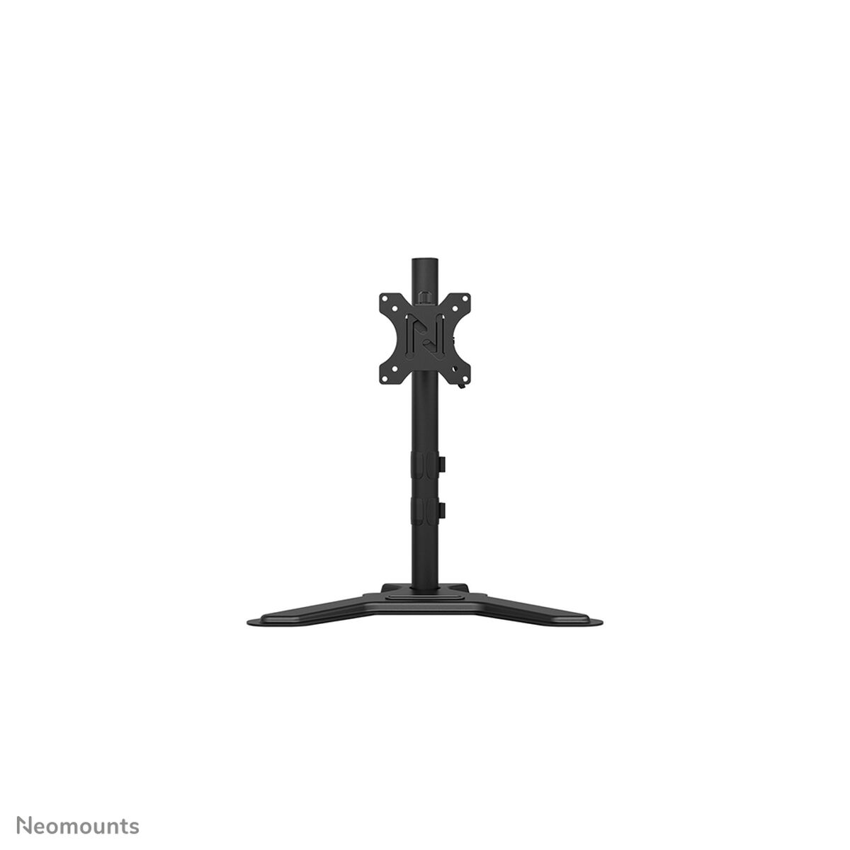 Supporto per monitor nero con base a treppiede e braccio regolabile.