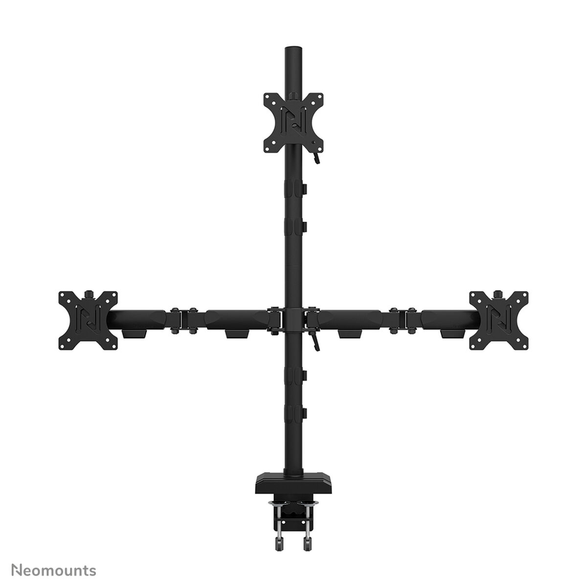 Un supporto nero per quattro monitor con due bracci, fissato a una scrivania.