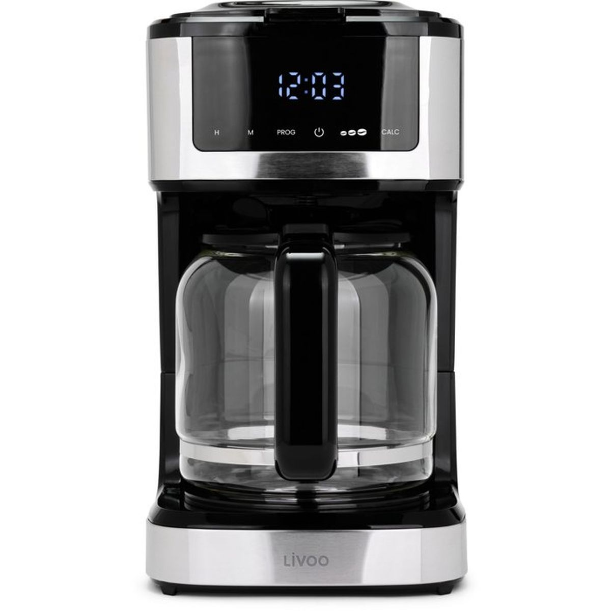 Schwarze Kaffeemaschine mit Glaskanne und Digitalanzeige.