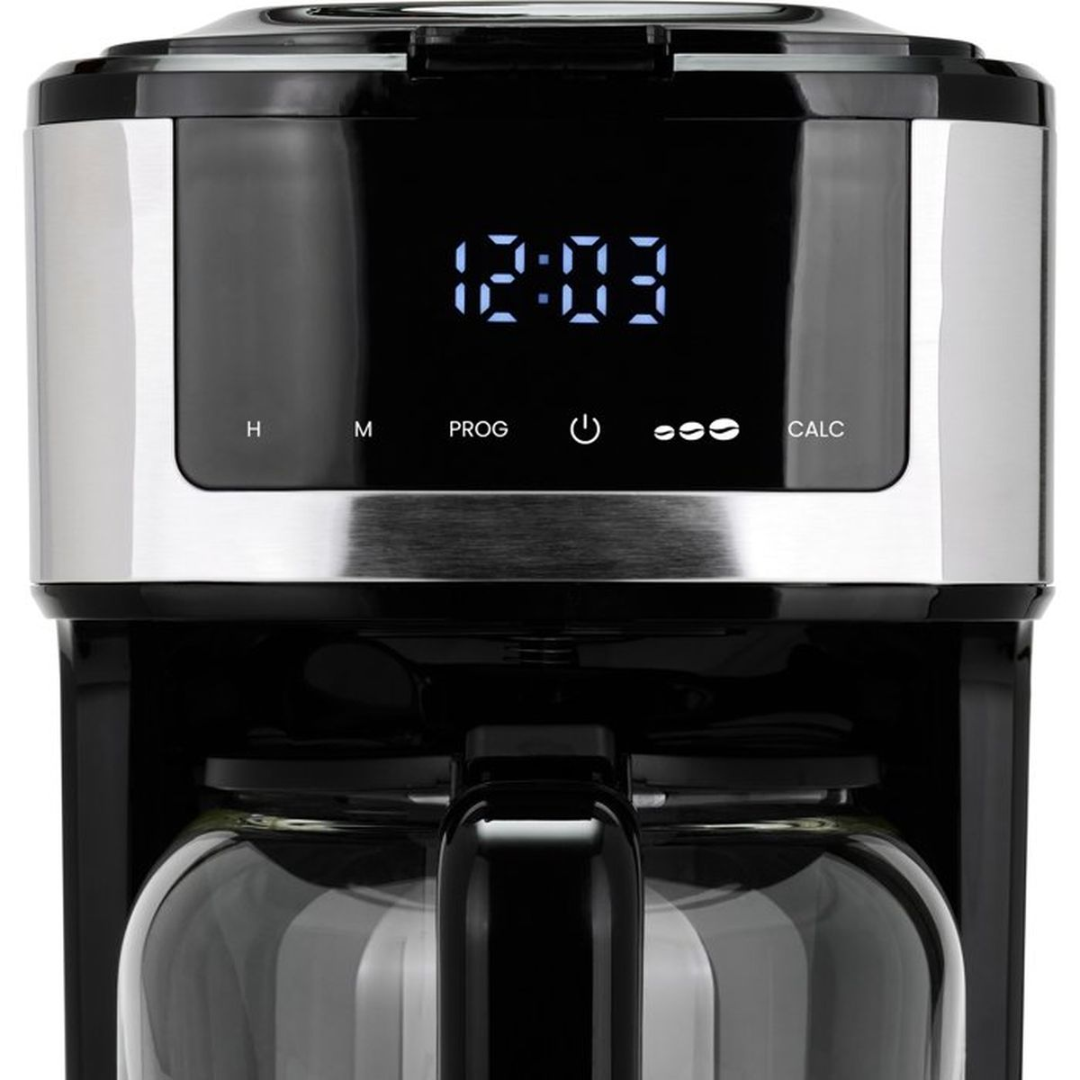 Digitalanzeige einer Kaffeemaschine mit Uhrzeit, Programm- und Kalkknöpfen.