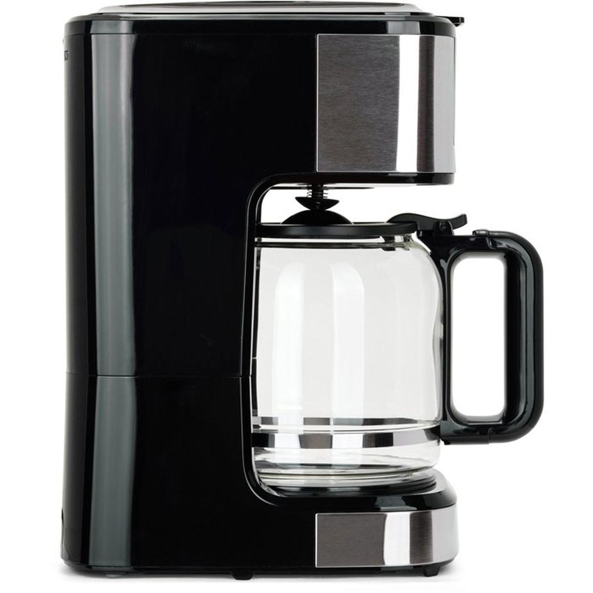 Eine schwarze Kaffeemaschine mit Glaskrug und silbernen Akzenten.