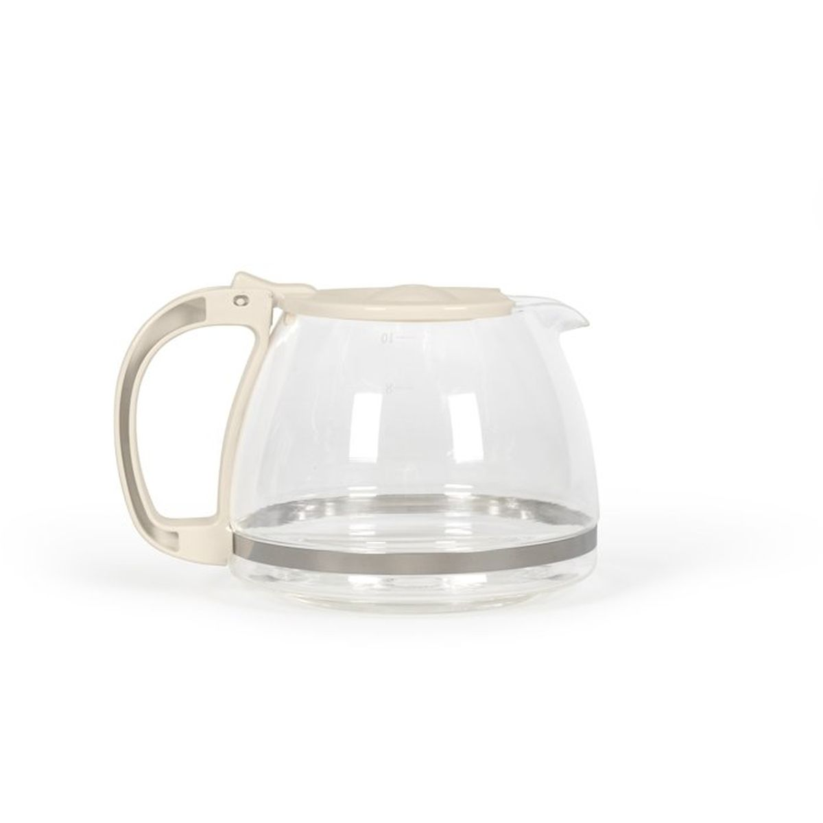 Caraffa in vetro trasparente con manico e coperchio color crema.