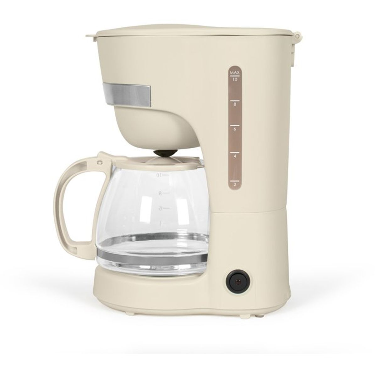Una macchina da caffè color crema con caraffa in vetro e indicatore del livello dell'acqua.