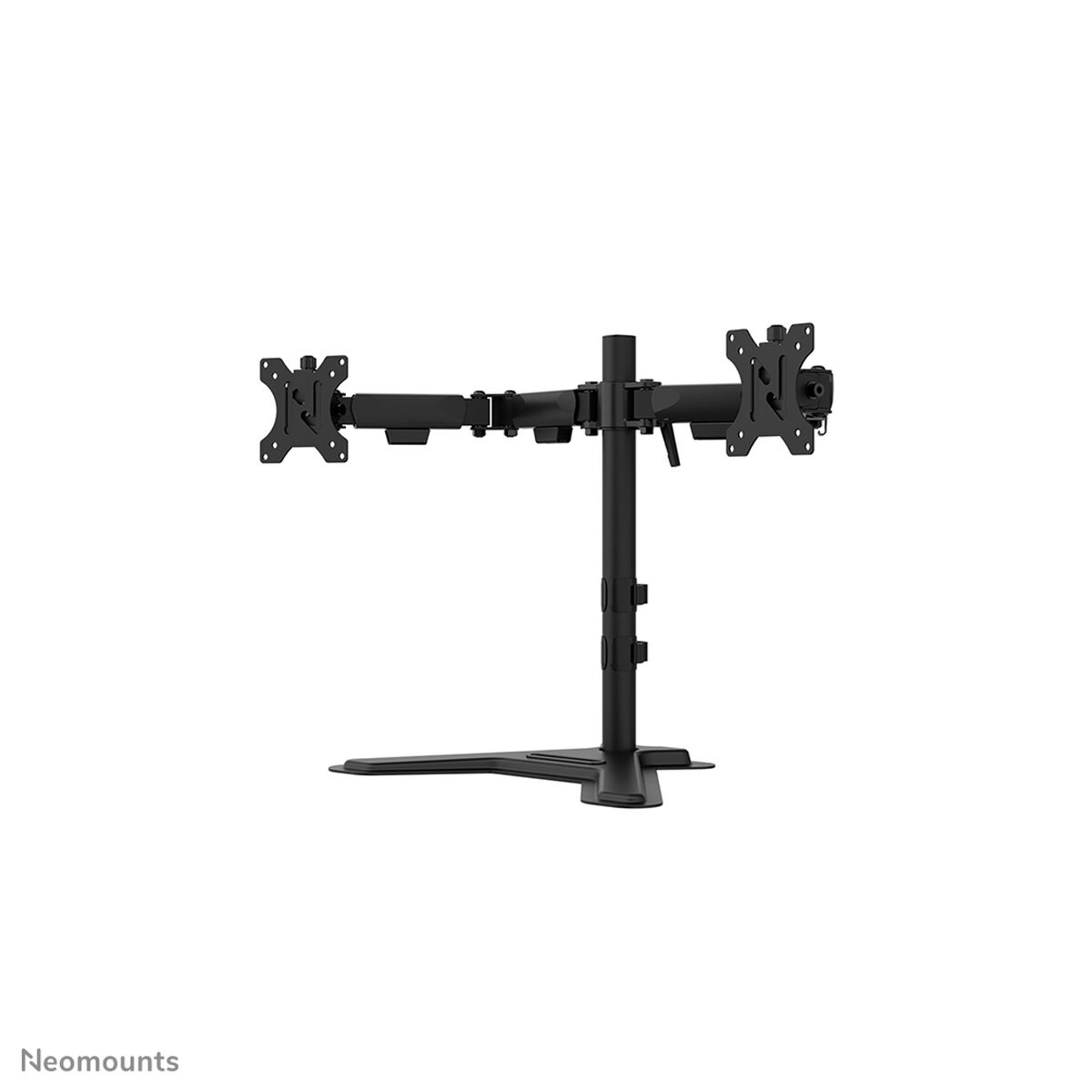 Supporto doppio per monitor nero con bracci e base regolabili.