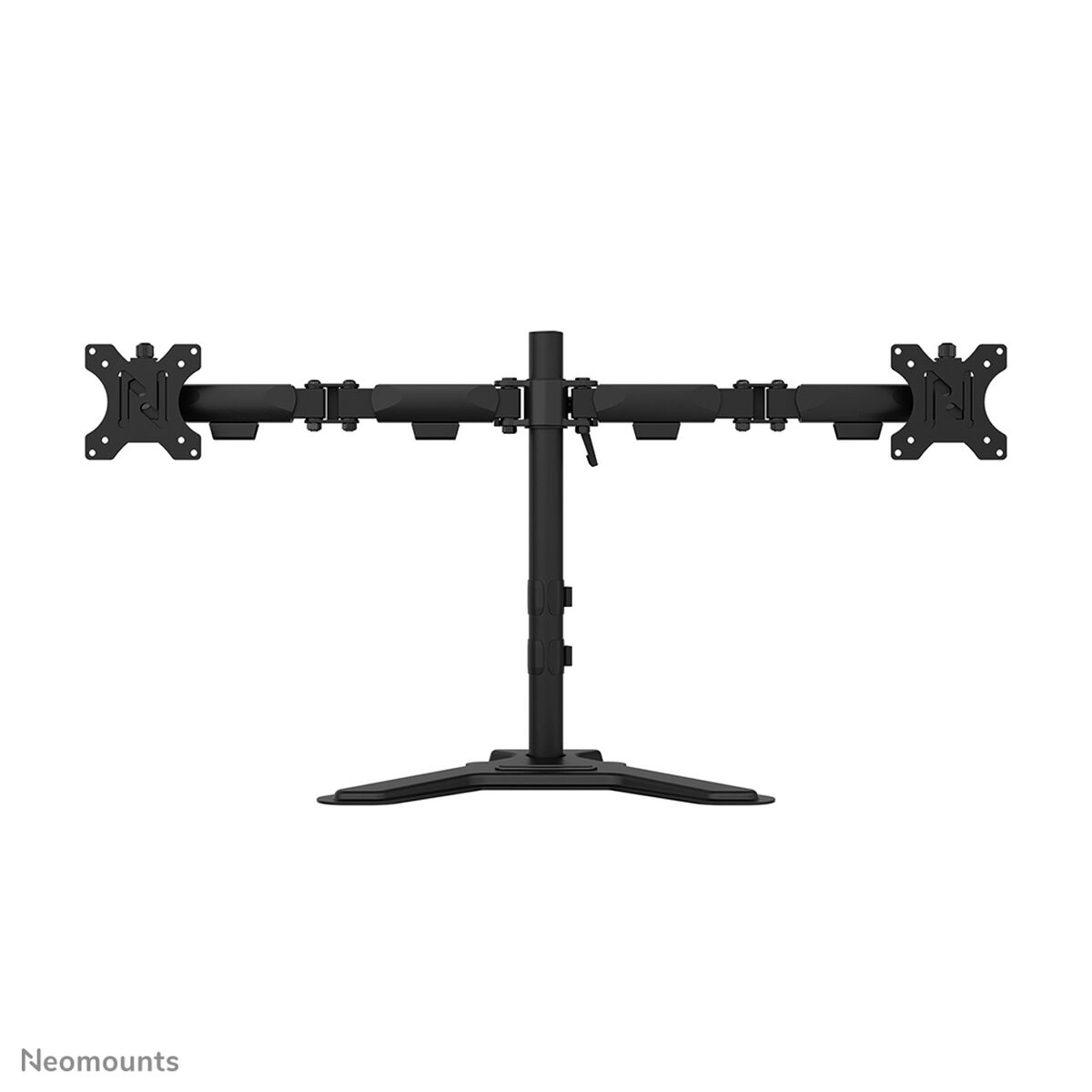 Supporto nero per doppio monitor con bracci regolabili su base larga.