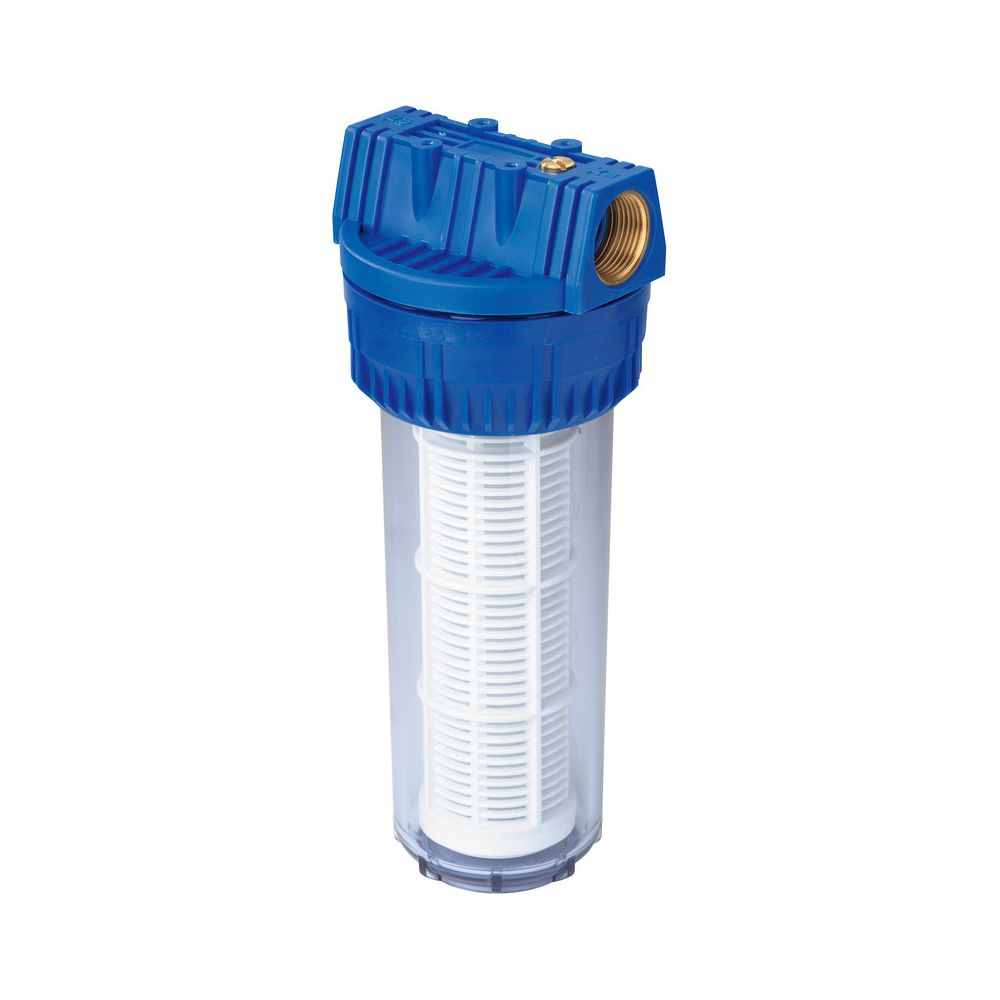 Un filtro dell'acqua blu con alloggiamento trasparente e elemento filtrante bianco.