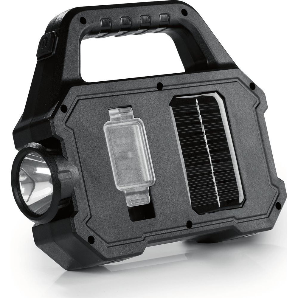 Schwarze Taschenlampe mit Solarmodul und Griff.