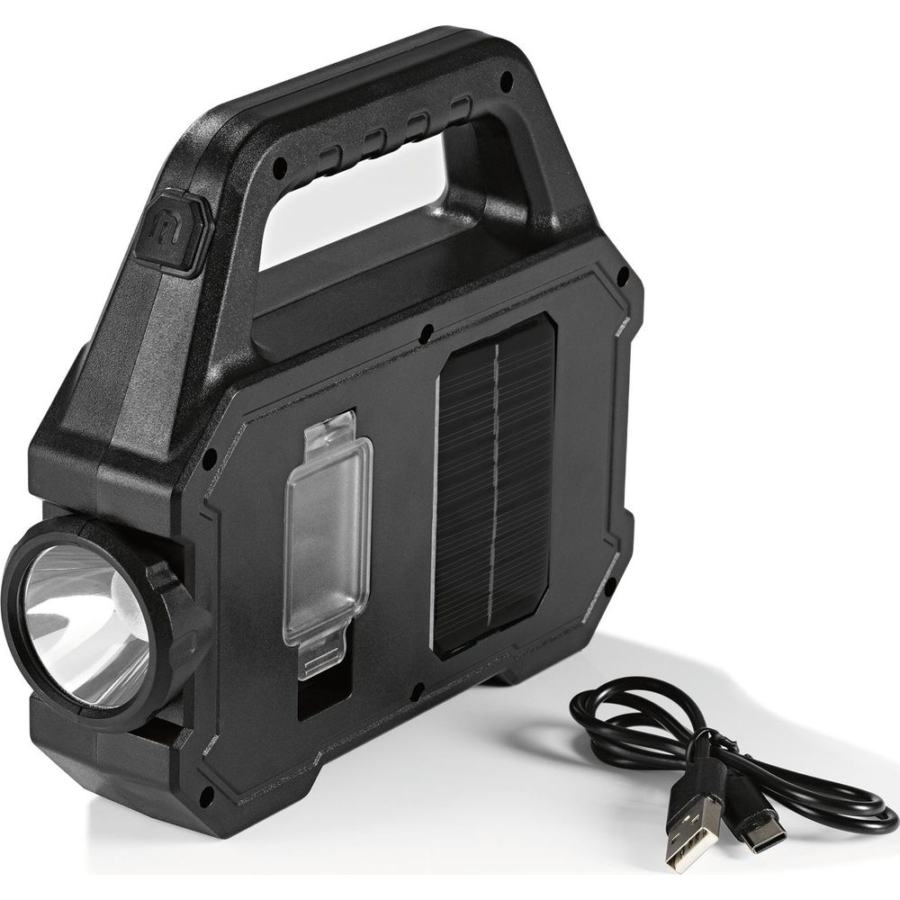 Schwarze Laterne mit Solarmodul und USB-Ladekabel auf weißem Hintergrund.