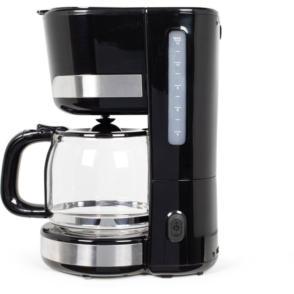 Eine schwarze Kaffeemaschine mit Glaskanne und Wasserstandsanzeige.