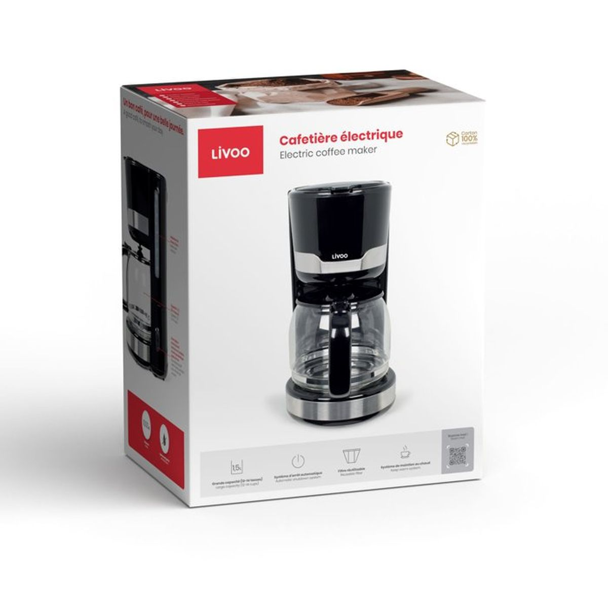 Eine elektrische Kaffeemaschine von Livoo mit Glaskrug und schwarzem Gehäuse.
