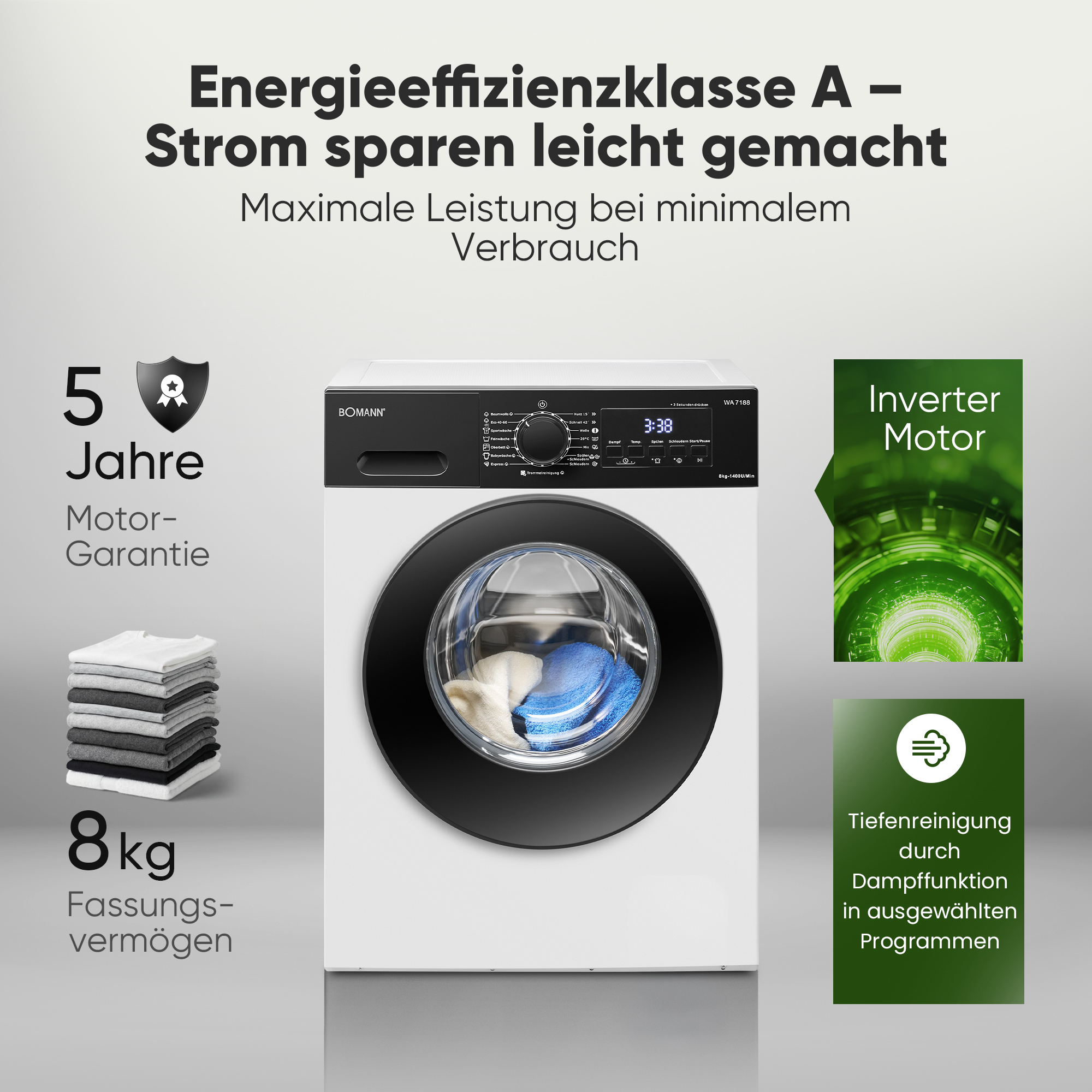 Waschmaschine mit Energieeffizienzklasse A, 5 Jahre Motor-Garantie, 8kg Fassungsvermögen.