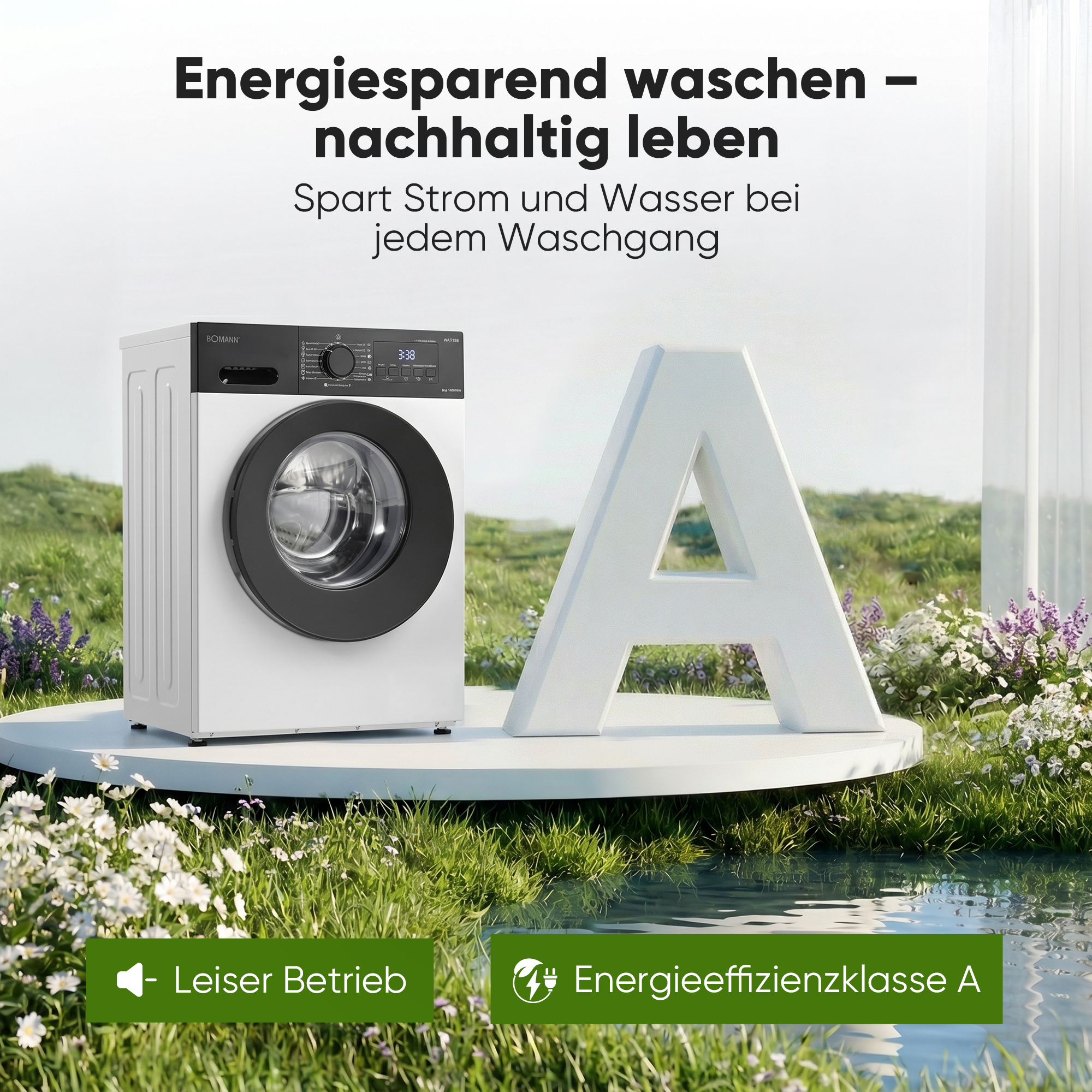 Eine weiße Waschmaschine steht neben einem großen Buchstaben A in einer grünen Wiese.