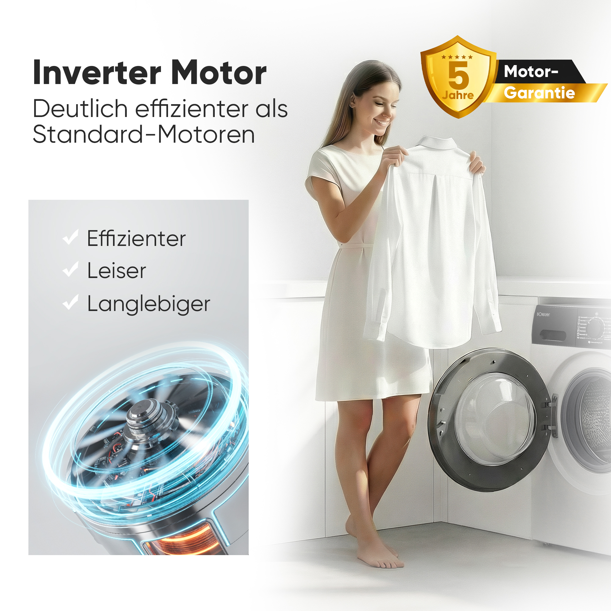 Frau mit Hemd neben Waschmaschine, Inverter-Motor-Grafik & Garantie-Siegel.