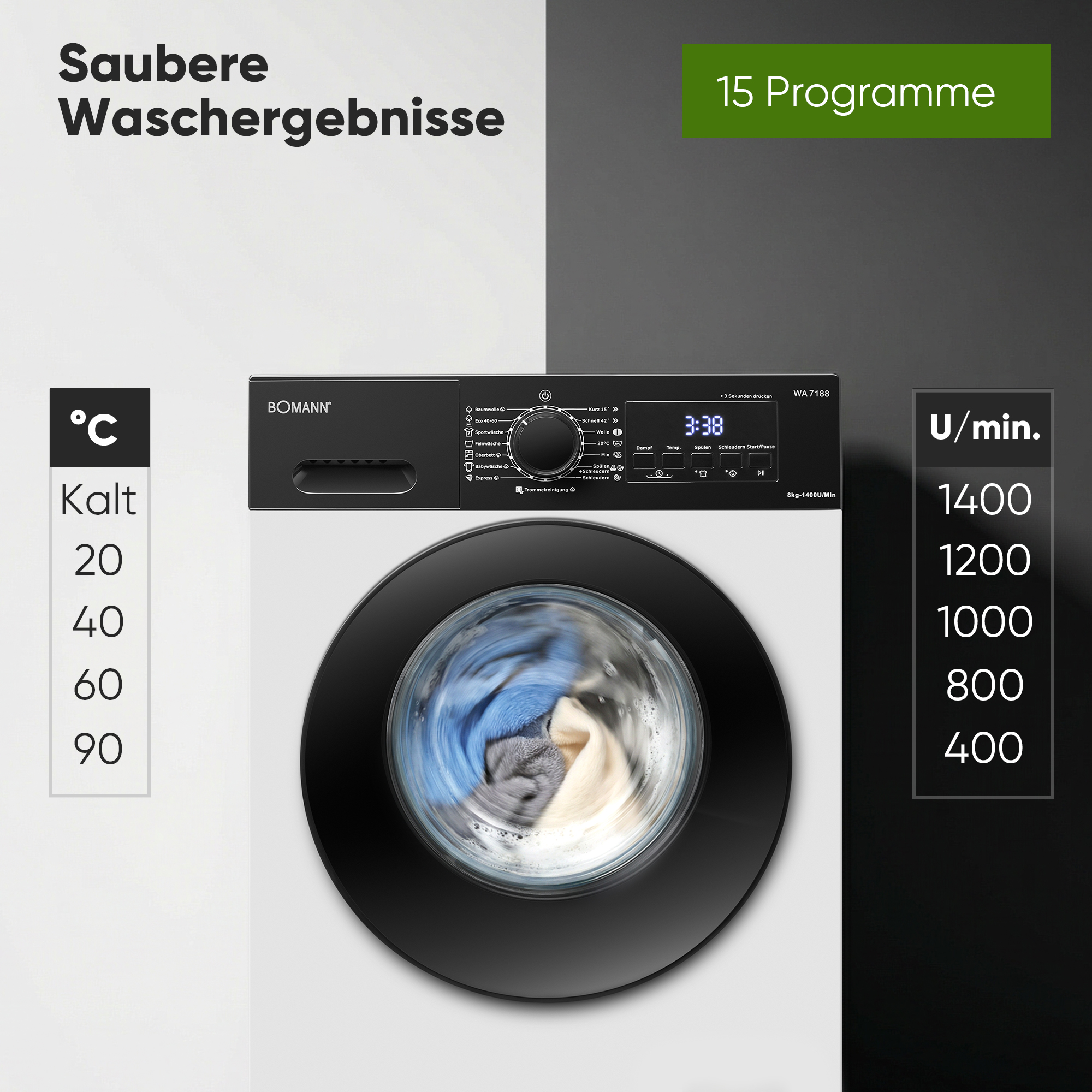 Waschmaschine mit digitalem Display, Programmauswahl und Schleuderdrehzahl-Optionen.