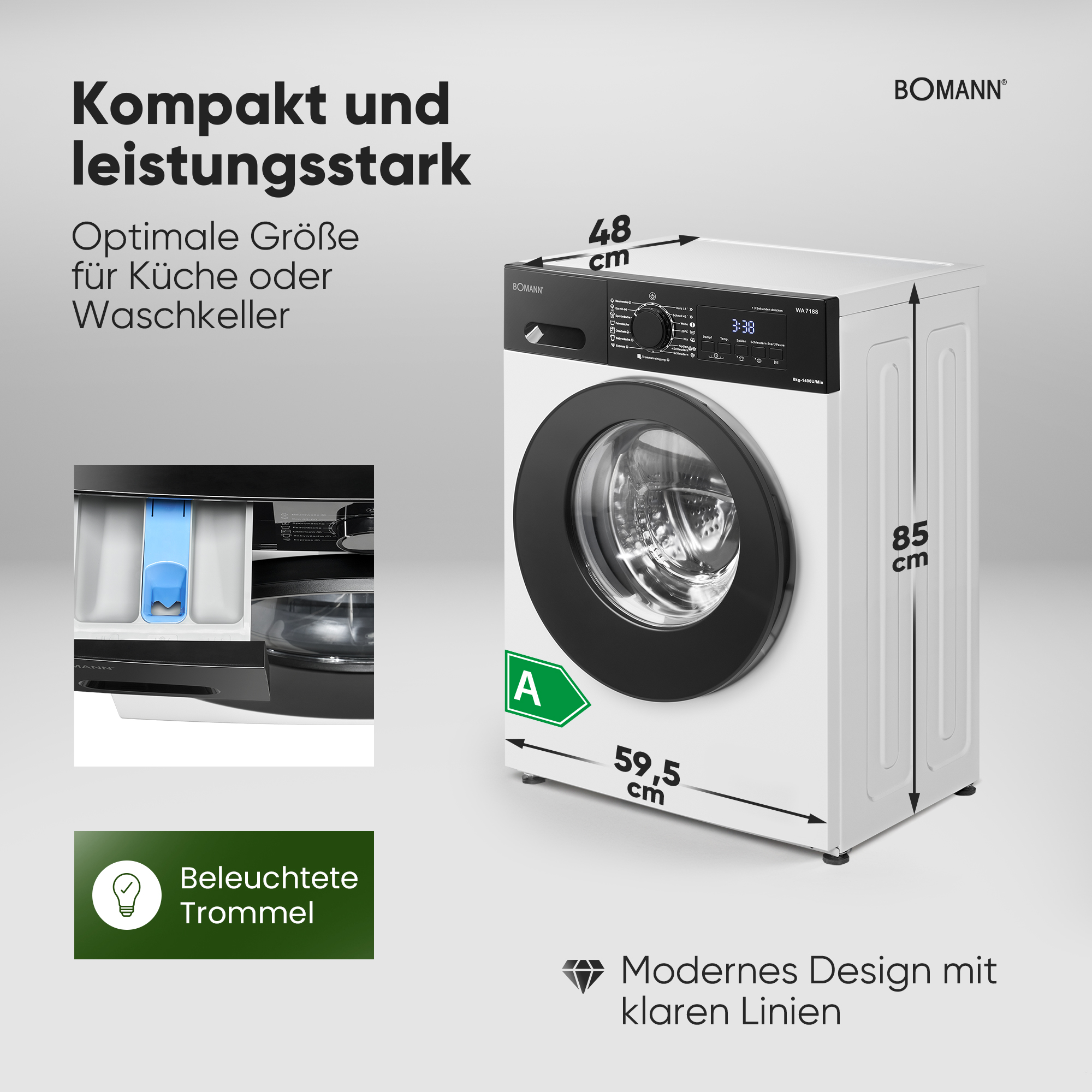 Eine weiße Bomann Waschmaschine mit schwarzer Tür und Bedienfeld. Maße sind angegeben.